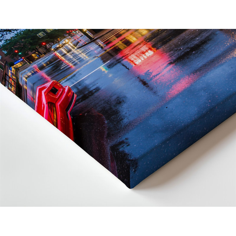 Reproduction d'art sur toile, "Scène urbaine vibrante la nuit" avec un petit dîner avec un panneau rouge brillant