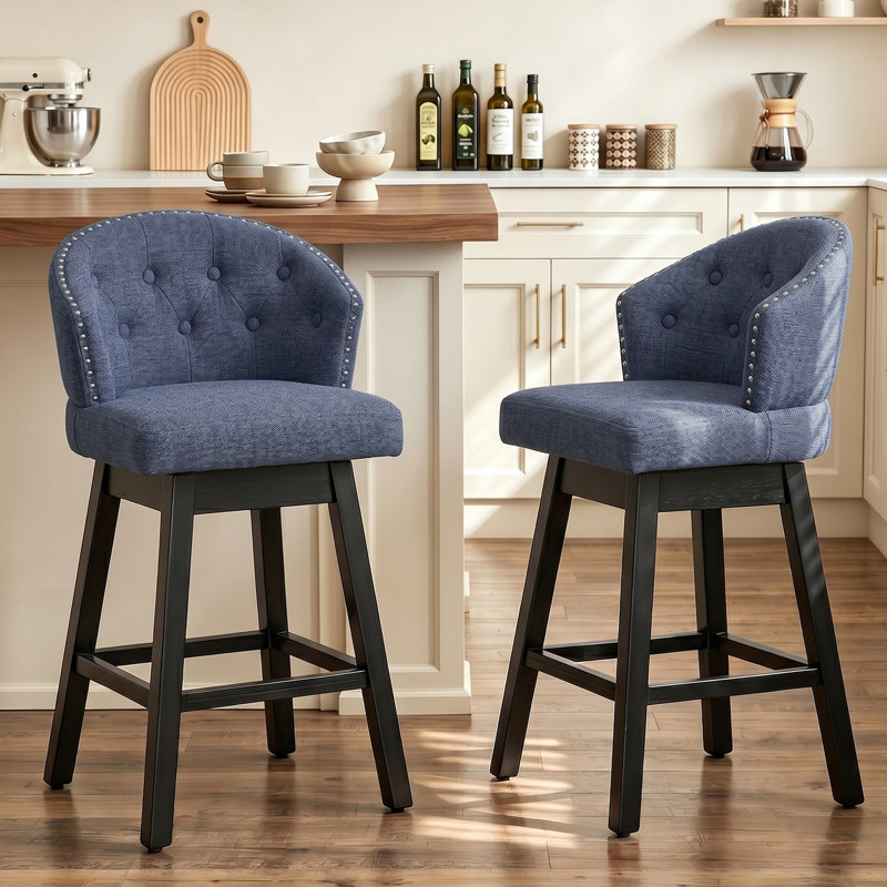 Aadhvika Upholstered BarStools with Solid Wood Frame, Blue/Linen, Counter Stool (26" Seat Height)