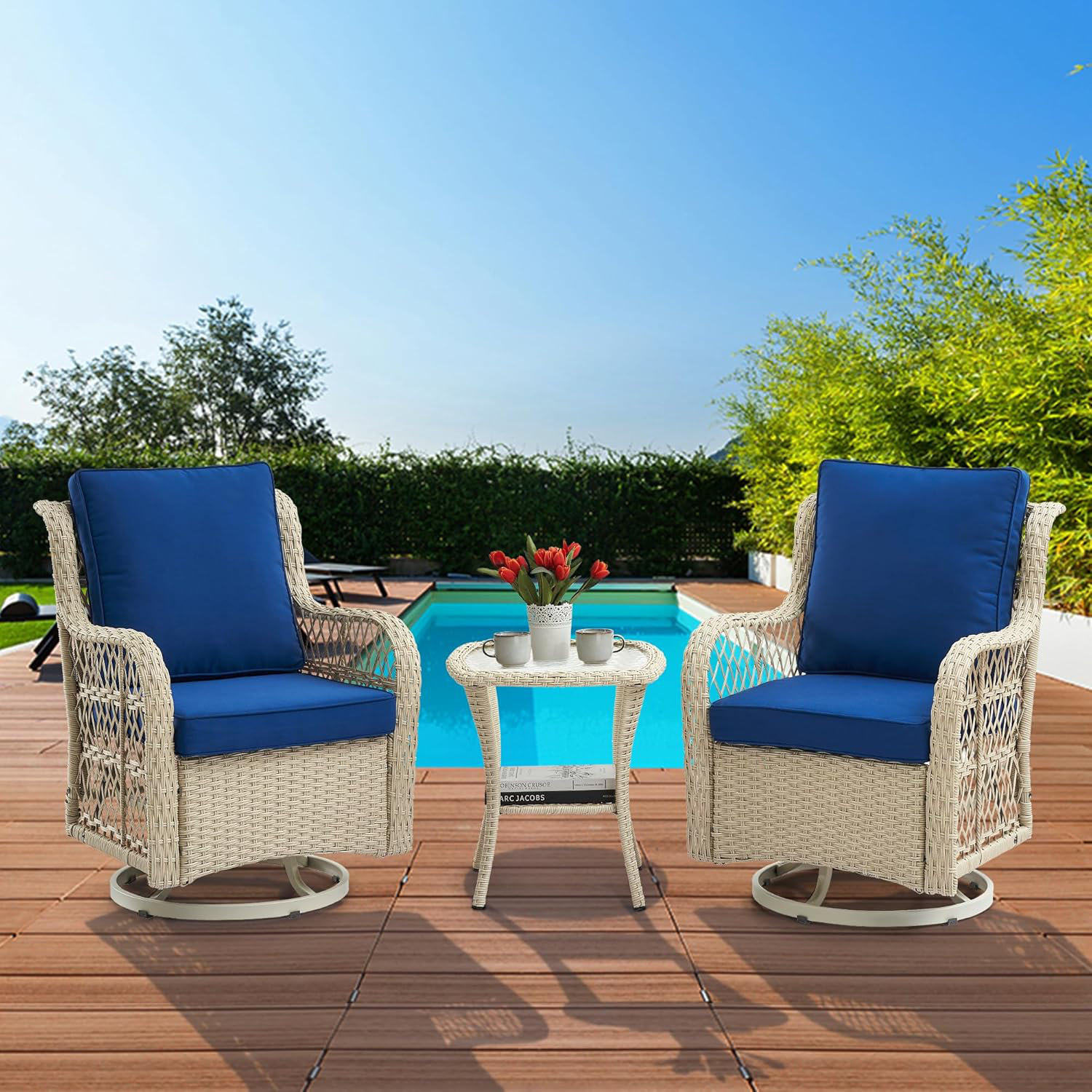 Ebern Designs 3 Piece Patio Swivel Rocking Chairs Set, 360-Degree ...