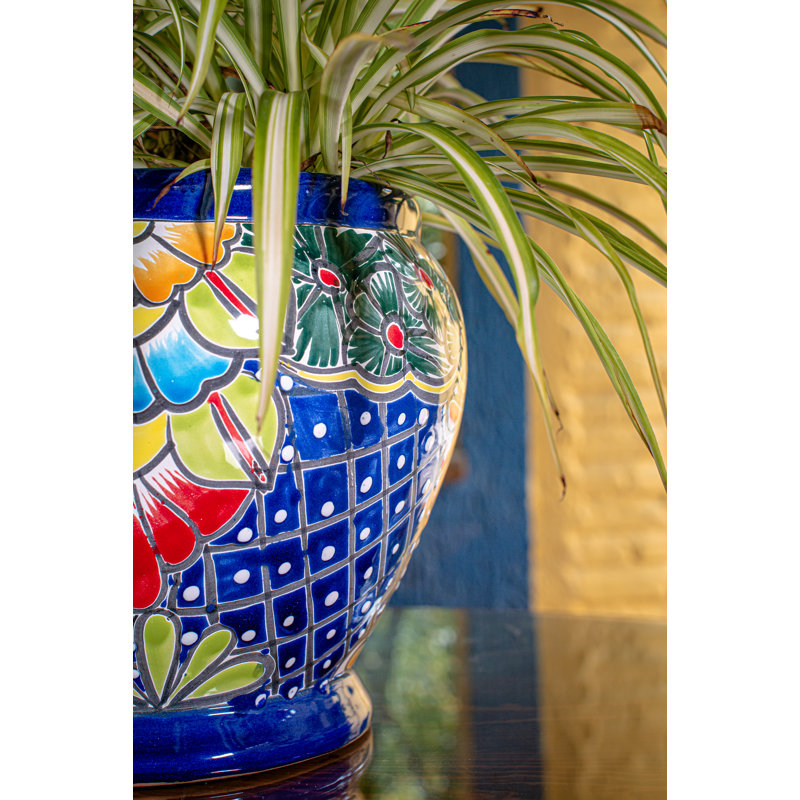 Talavera 10" Blue Ceramic Ribtop Pot Planter