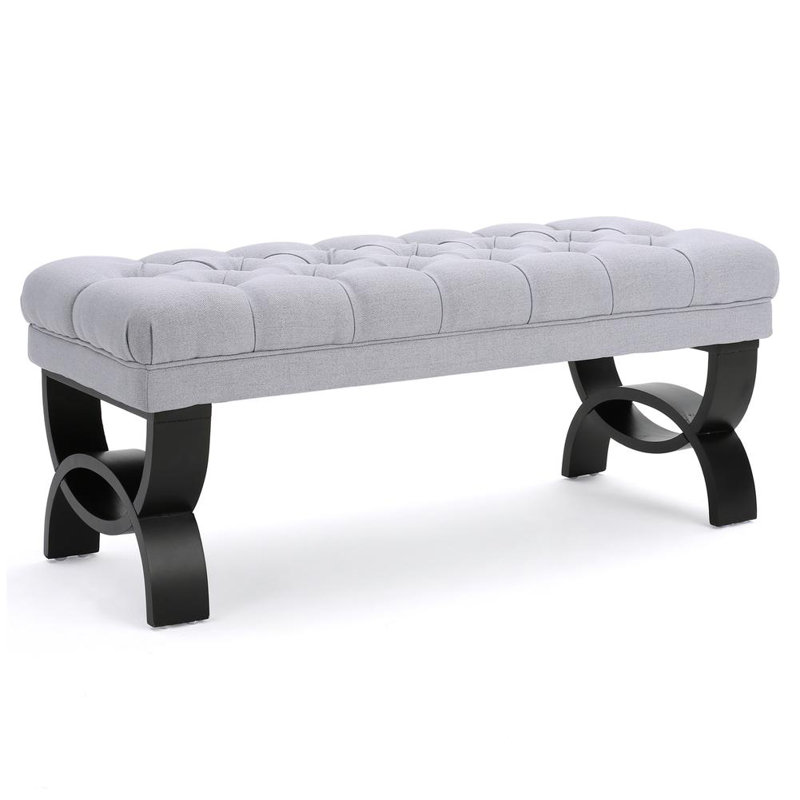 Beene Upholstered Tufted Bench with Birch Wood Legs, Light Gray Fabric