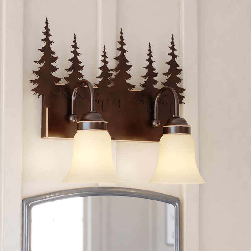 Luminaire de salle de bain rustique en bronze bruni à 2 lumières de 16,75 po de largeur Jensen, abat-jour en verre ambré, motif d'arbre, à intensité variable, compatible avec DEL, fixation murale au-dessus du miroir