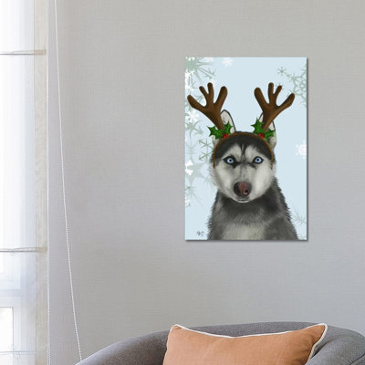 Husky And Antlers by Fab Funky - Wrapped Canvas Print