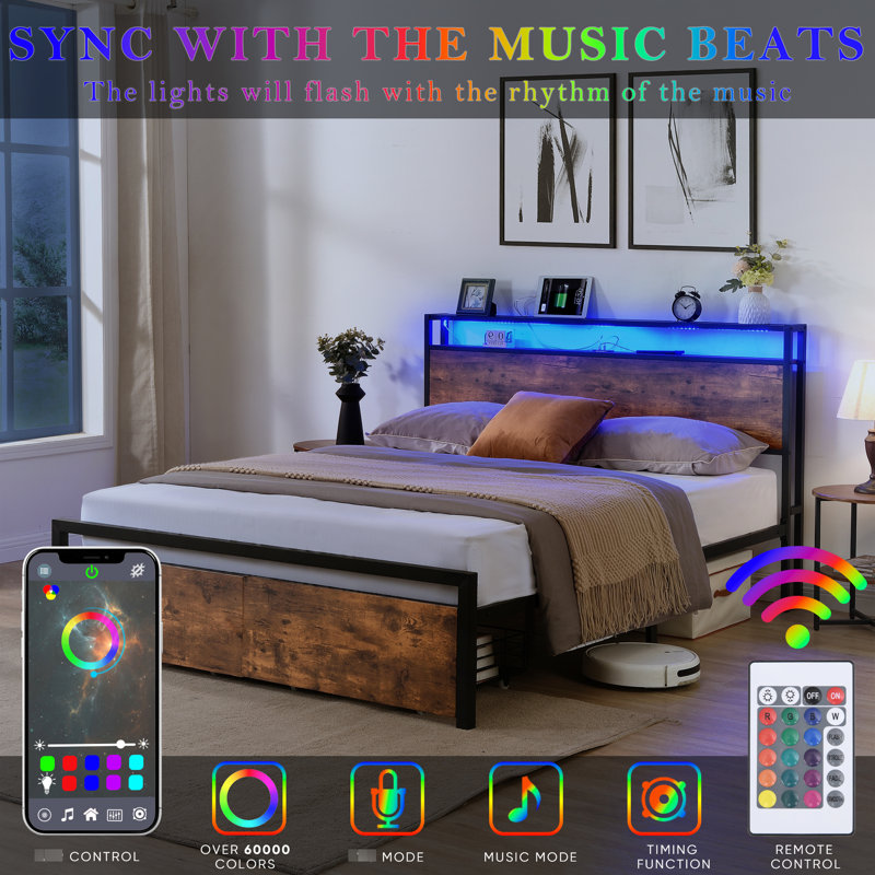 Queen Bed Frame With , 2 Tier Storage, Strong Metal Support, Box Spring , Convenient Platform Size, Led Headboard, Drawers, Silent Environment