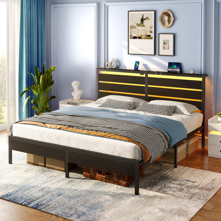 Hana Bed Frame with Headboard &  LED Lights, Metal Slat Bed with Charging Station