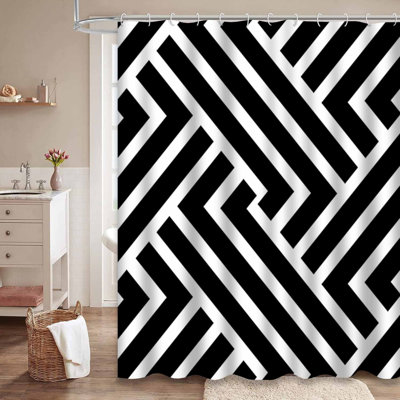 Rideau de douche à rayures géométriques noir et blanc avec 12 crochets