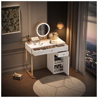 Meuble-lavabo de 31,5 po avec miroir éclairé, coiffeuse de luxe avec 2 tiroirs et 1 armoire, 3 modes d'éclairage disponibles pour la chambre à coucher