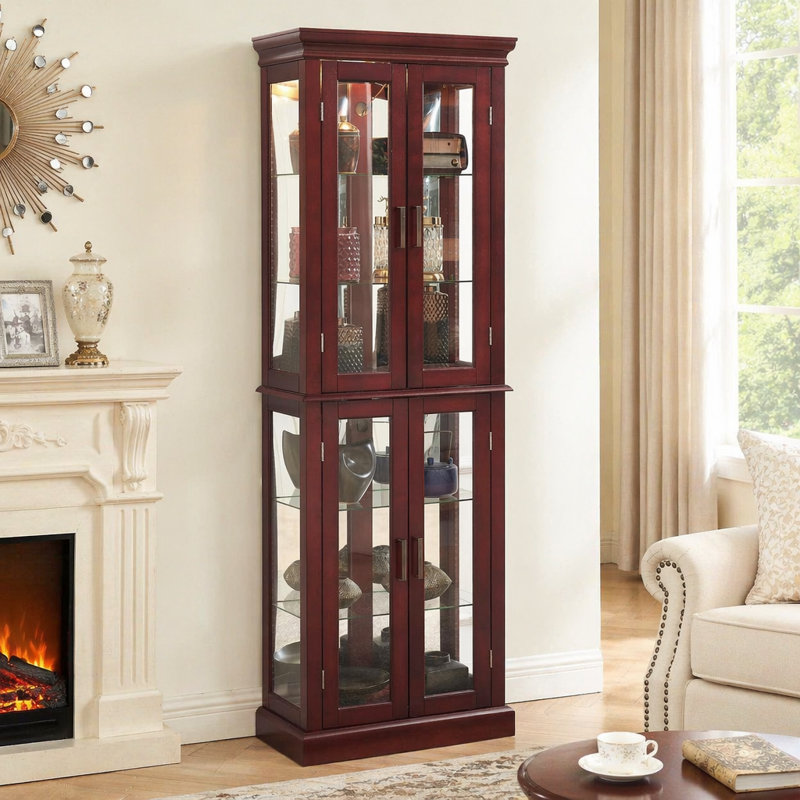 Vitrine lumineuse avec tablettes réglables et dossier en miroir pour mettre en valeur les objets de collection et embellir la décoration intérieure