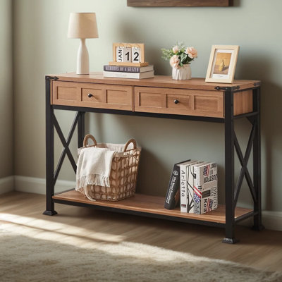 Rustic Industrial Console Table With 2 Drawers And Storage Shelf, Entryway Sofa Table For Living Room, Hallway, Or Behind Couch