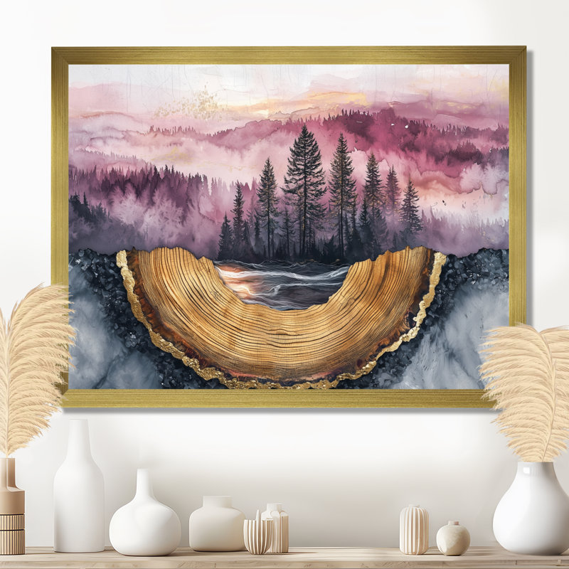 Forêt, rivière, améthyste, cristal IV - forêt, art mural, H 24 po x l 32 po, Cadre flottant, Doré