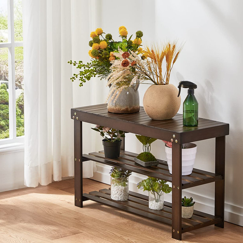 Banc de rangement à chaussures à 3 niveaux en bambou, range-chaussures de rangement d'une capacité de 300 lb, banc d'entrée polyvalent pour le balcon de la chambre à coucher du salon