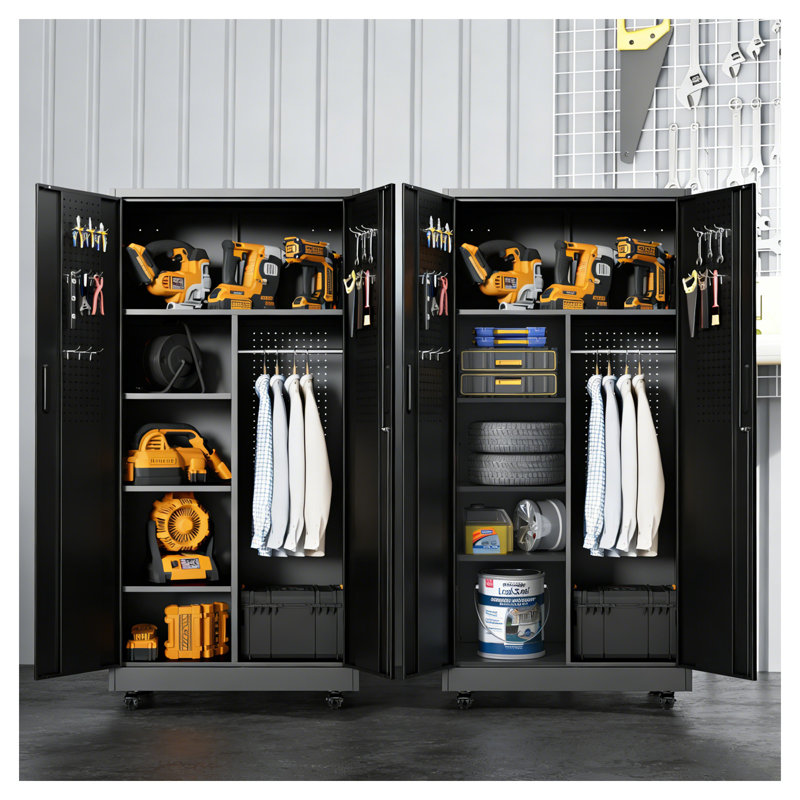 Black Powder-Coated Metal Rolling Storage Locker with Lockable Doors and Shelves