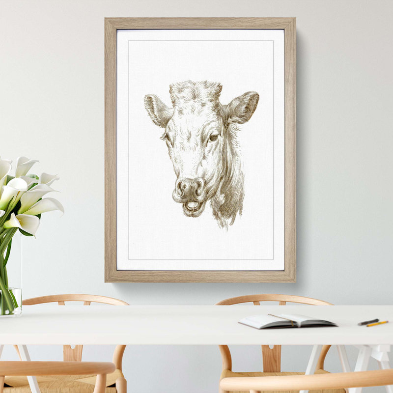 The Head of a Cow by Jean Bernard - Picture Frame Drawing Print, 48cm H x 36cm W x 2cm D, Oak Framed