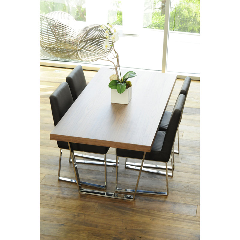 Halewood Rectangular 6 Person Dining Table – Modern Wood Veneer Top with Polished Steel Legs – Walnut Finish, Brown