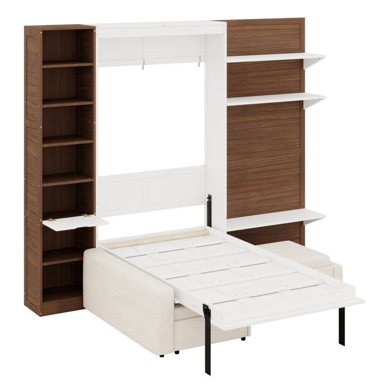 Lit escamotable avec armoire de rangement, tablettes ouvertes, façade de canapé et port USB pour un gain d'espace au sol.