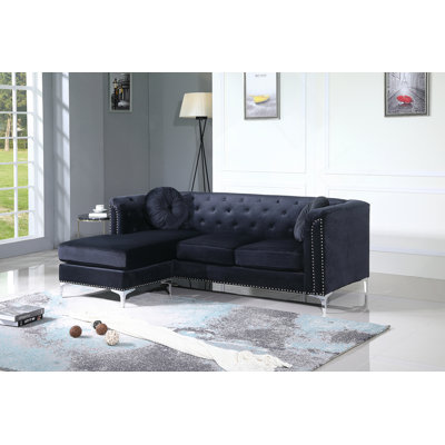Mid Century Modern Sofa Chaise With Soft Microsuede, Chromed Steel Legs, And Comfortable Pocketed Coil Cushions