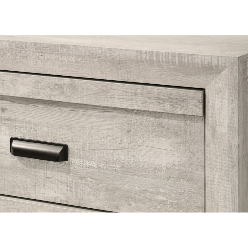 Lit simple pour enfant avec finition gris beige rustique et cadre en bois massif de forme géométrique