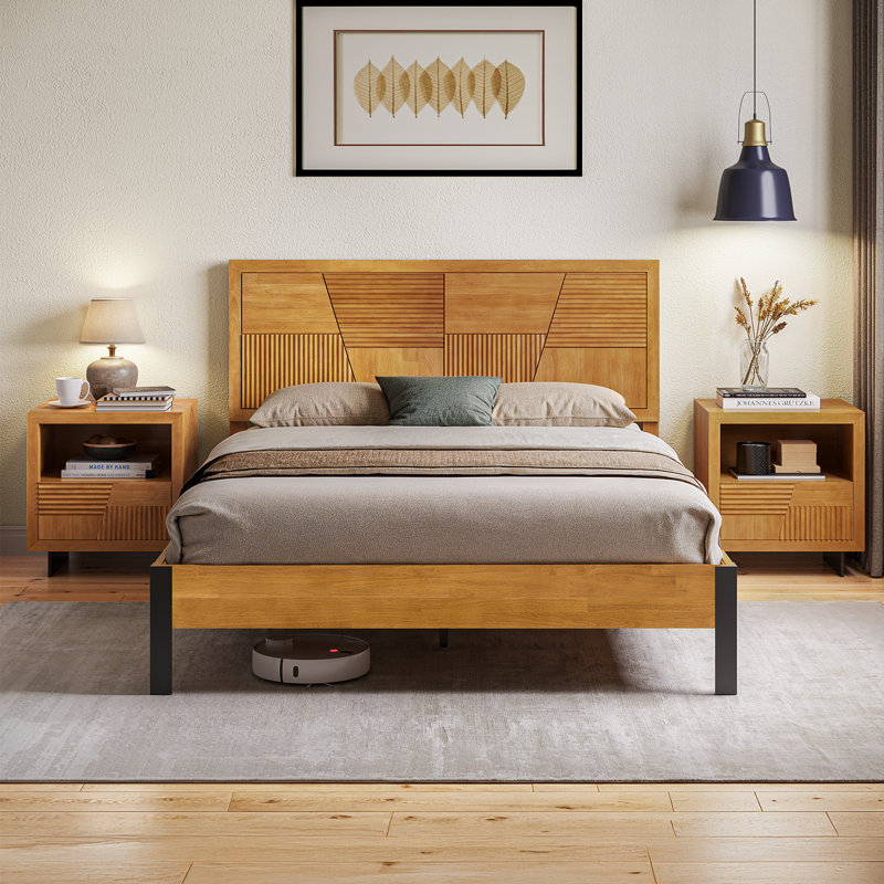 Trapeze Modern Industrial Platform Queen Size Bed Frame - Light Natural Finish with Slat Pattern Headboard & Iron Legs, Queen