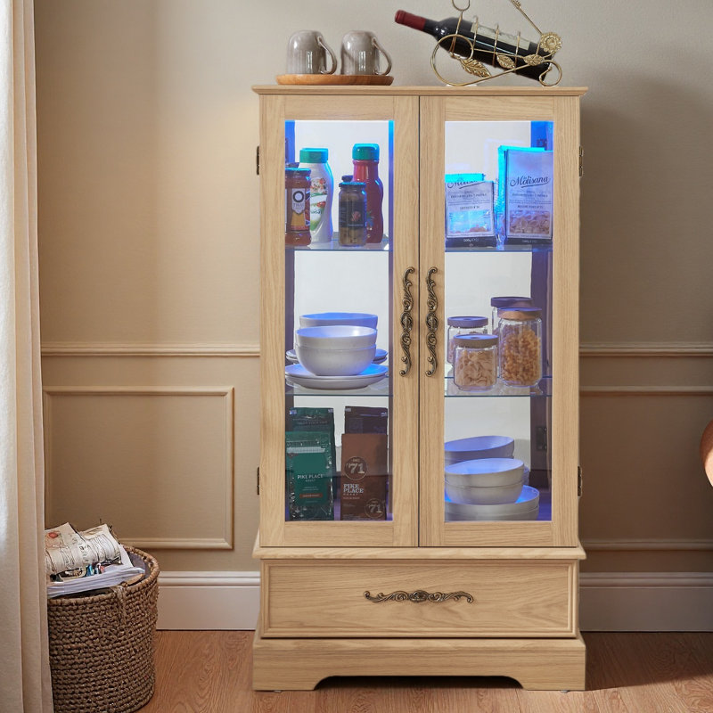 Vitrine lumineuse en verre avec tablettes réglables - 2 portes, 1 tiroir, lumières DEL