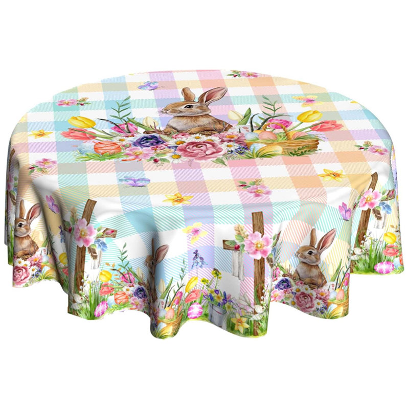 Nappe ronde de Pâques 60 po, aquarelle lapin et papillon, tissu écossais Buffalo, œuf et fleurs printanières