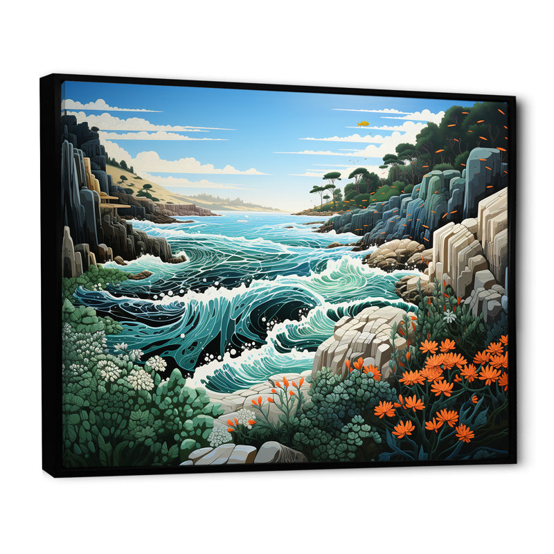 Paysage de plage sauvage sur toile, Cadre flottant noir, H 24 po x l 32 po x P 1 po