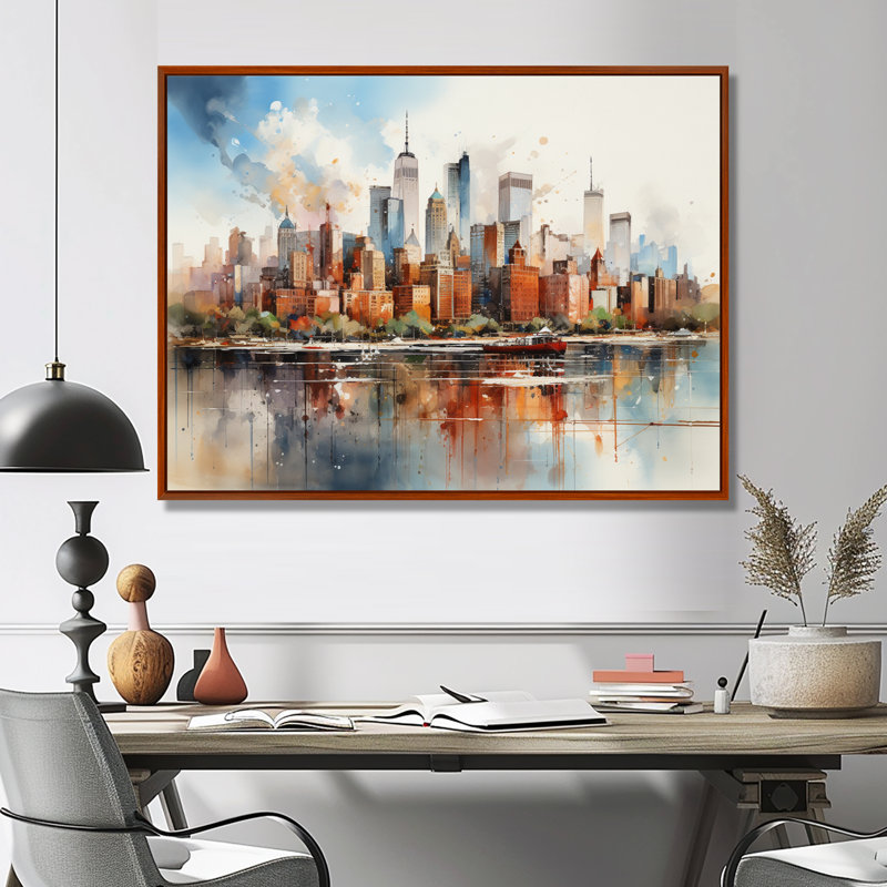Dreamy New York, paysage rétro, aquarelle - décoration murale New York, H 34 po x l 44 po, Argent argent