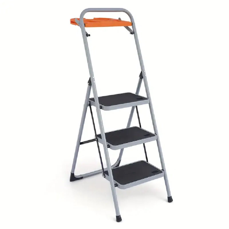 Tabouret pliant 3 marches avec plateau à outils | Plateforme large, pieds antidérapants, capacité de 330 lb, gris pour la maison et la cuisine