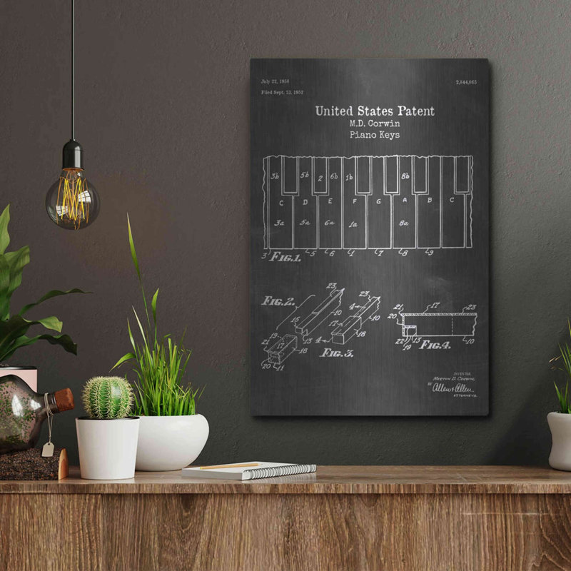«Piano Keys Blueprint Vernis Chalkboard», art mural en métal, H 16 po x l 12 po