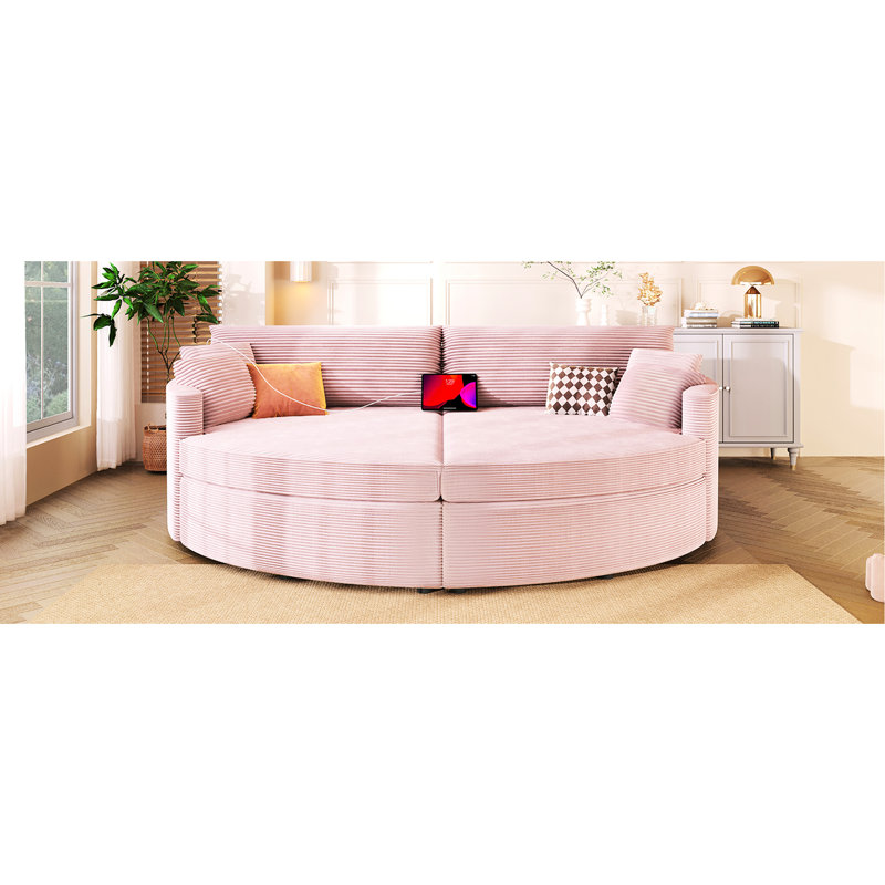 Chaise longue double rose de 260 cm de profondeur, revêtement en velours côtelé et ports de chargement