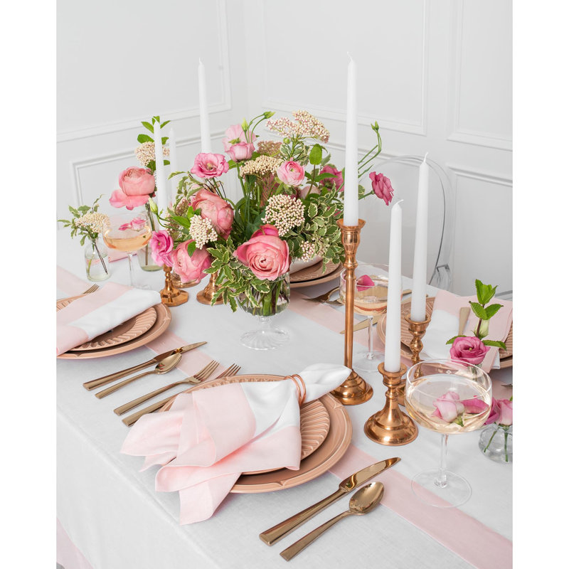 Linen Table Runners, 132" x 14", Blush Pink/White