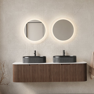 Meuble-lavabo de 60 po avec lavabos, meuble de rangement mural moderne à bords courbés et rayés avec tiroirs, 2 vasques en céramique noires, couleur grain de bois noyer foncé