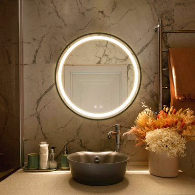 Miroir d'appoint de salle de bain 24 po à cadre en alliage d'aluminium noir à DEL