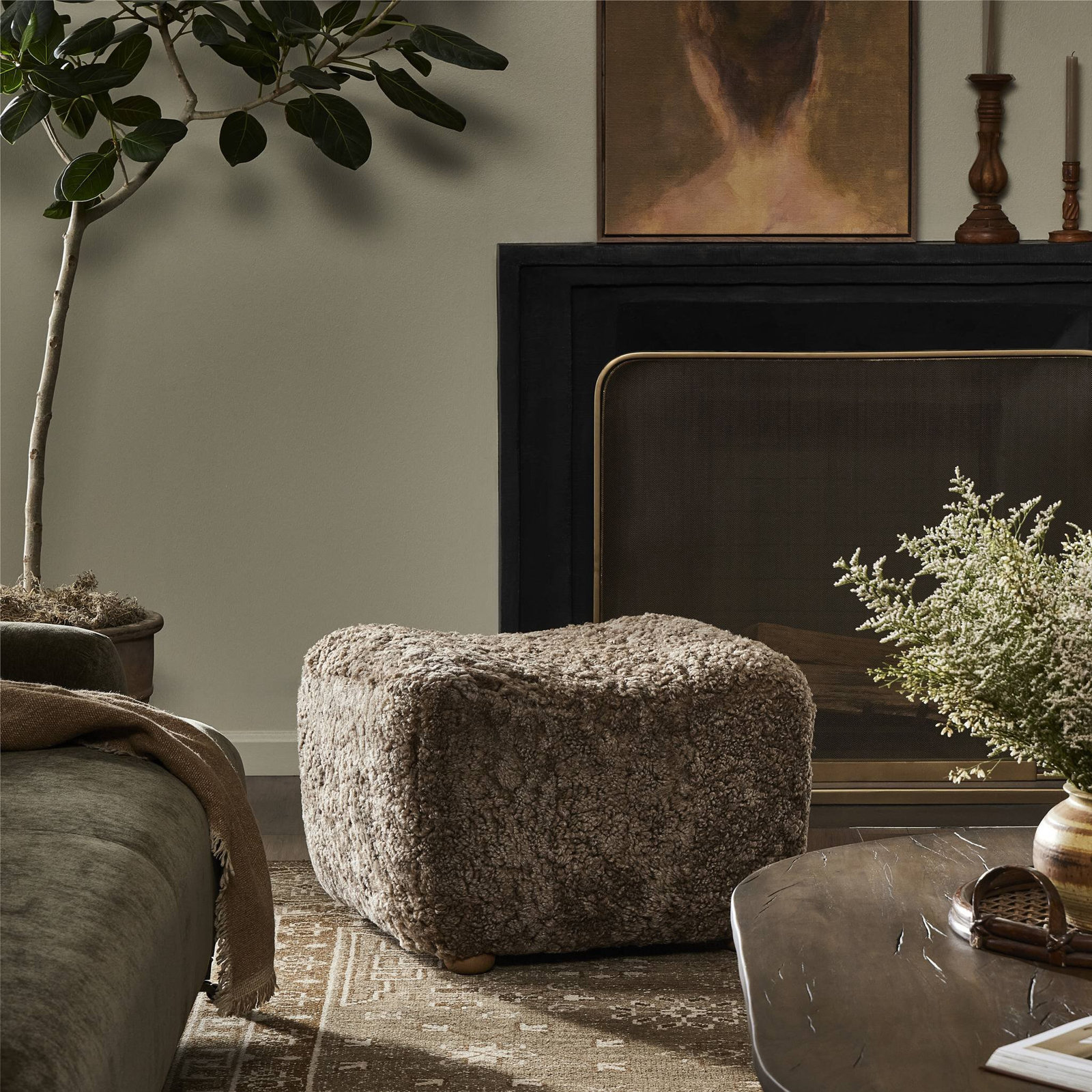 Oslo Ottoman, Taupe Shearling, Worn Oak