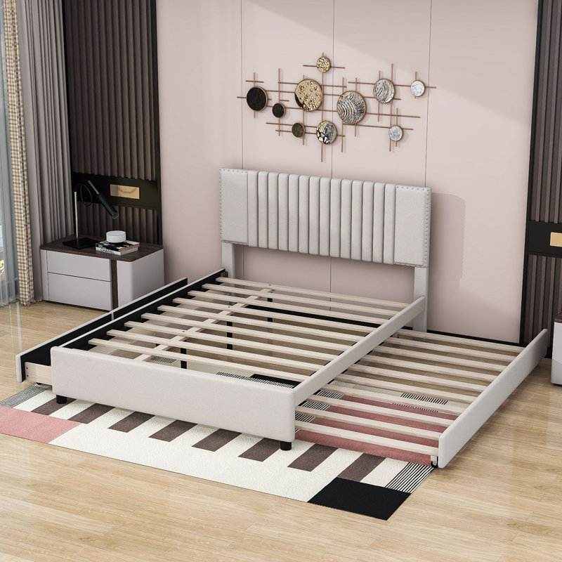 Lit plateforme avec rangement Lafonya, Grand, Beige
