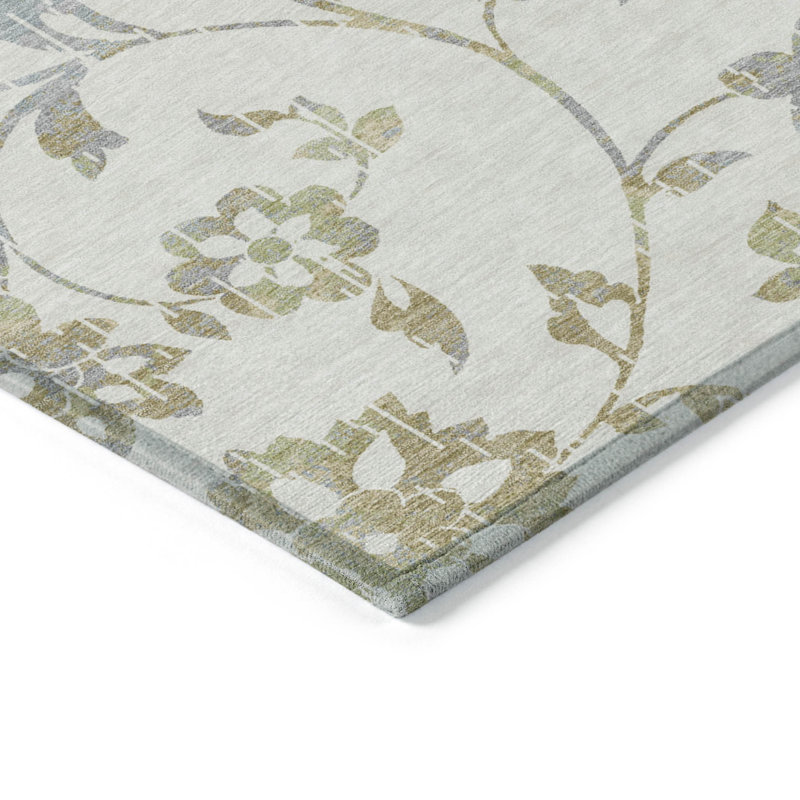 3' X 5' Ivory Gray And Gold Floral Washable Indoor Outdoor Area Rug