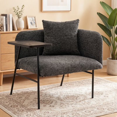 Fauteuil de détente Leisure Lounge avec petite table et coussin de dossier, canapé simple rembourré moderne avec pieds en métal et poches latérales pour le salon / la chambre / le jardin, gris