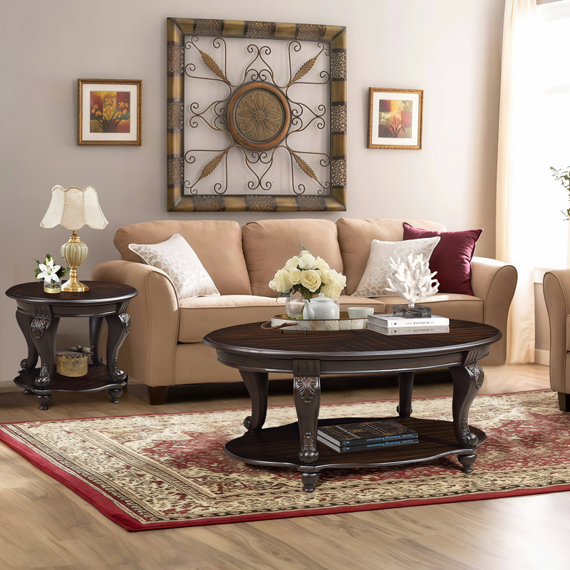 Cherry Wood Coloured Living Room Coffee Table Three Piece Set | Tea Table+double-sided Table Combination, Suitable For Small Spaces Such As Offices, Living Rooms, Apartments, Etc., Easy To Assemble