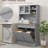 68" Kitchen Pantry Storage Cabinet, Gray. Charging Station Incorporated. Freestanding With Glass Doors And Adjustable Shelf. For Different Uses. 2 Tilt Out Trash Cabinets. Built-In Ac Outlets Ports.