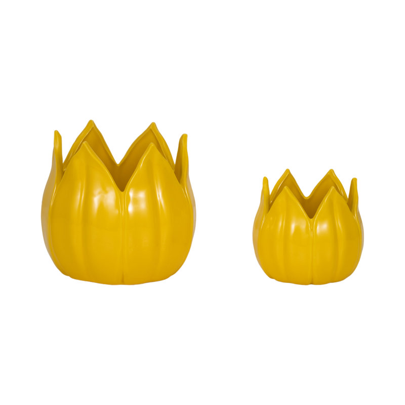 Sagebrook Home 2-Pieces Petal Planters, White, 7" H x 8" W x 8" D, Yellow