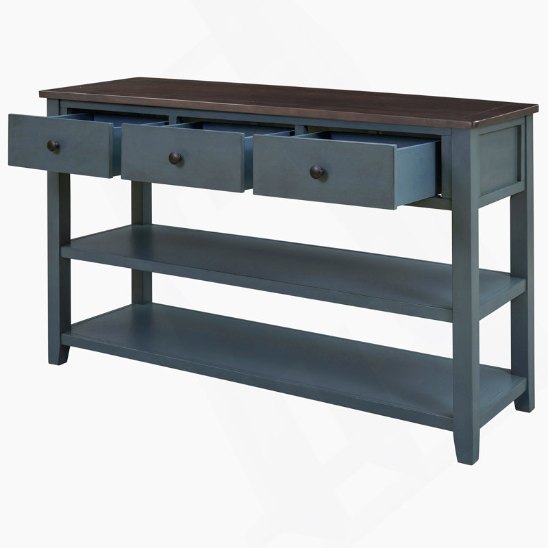 Console rétro avec deux tablettes ouvertes, structure en bois de pin massif et pieds pour le salon, Marine-1, Marine-1
