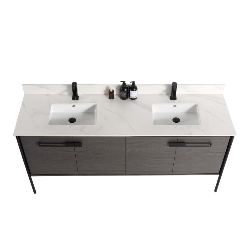 72 Double Bathroom Vanity, Black Coal Oak, Matte Black