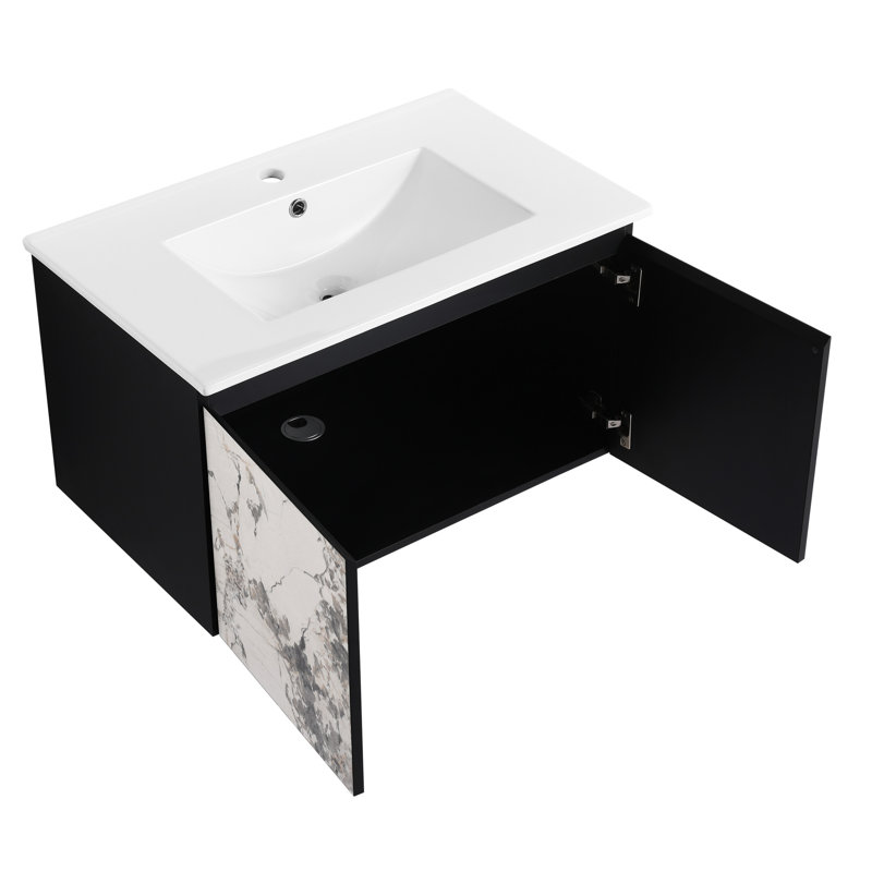 Meuble-lavabo de salle de bain avec porte à fermeture en douceur et lavabo en céramique - noir, armoire moderne