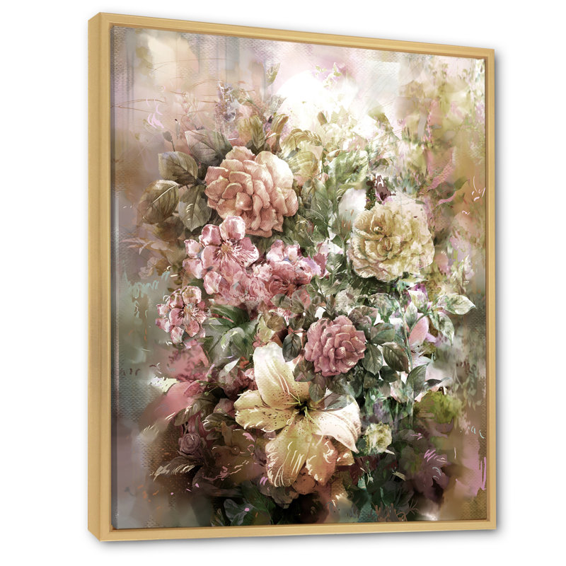 «Grunge rose vert été fleurs II», reproduction d'art sur toile traditionnelle, H 12 po x l 8 po