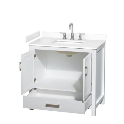 Meuble-lavabo simple de 36 po Sheffield en blanc, comptoir en marbre de culture blanc, lavabo carré encastré (3 trous), garniture en chrome brossé