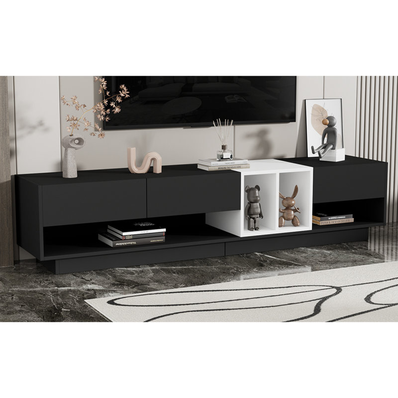 Modern Black Tv Console With Spacious Drawer Capacity: For 80" Tvs Sleek Cabinet Hidden Storage Spaces: Tvs,