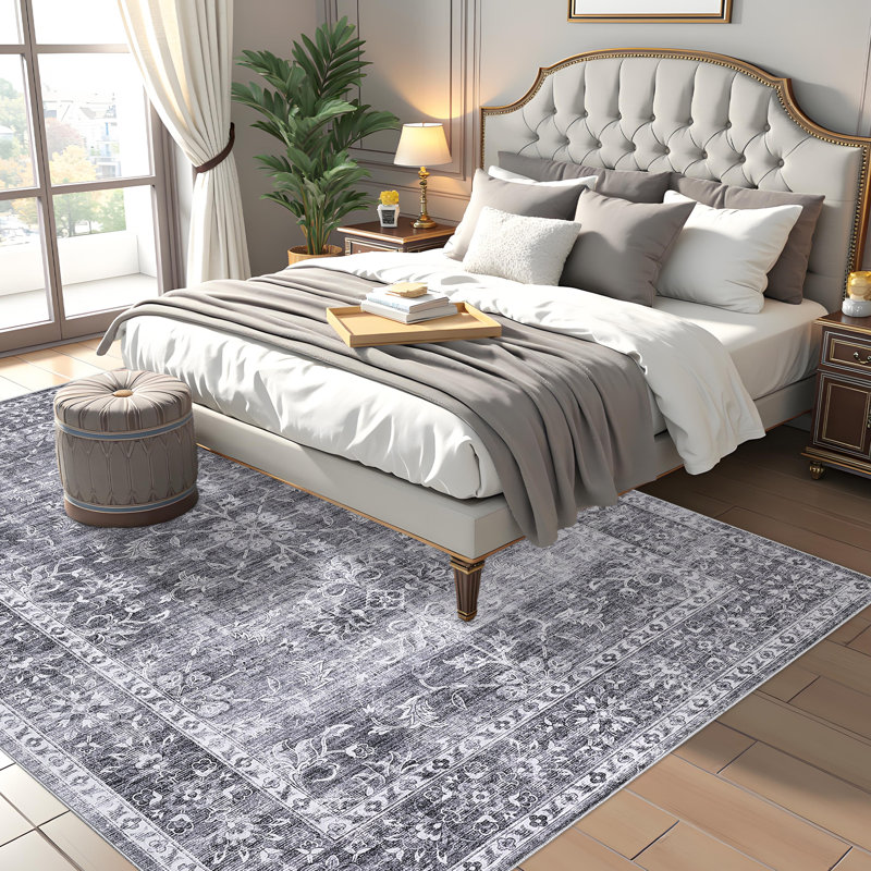 Tapis de couloir rétro Vintage Floral, Gris, Rectangle 9 pi x 12 pi