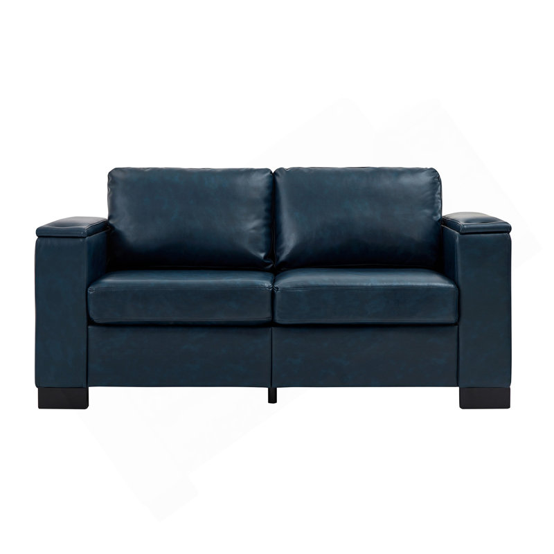 Causeuse de salon 67,7 po en similicuir de style moderne, canapé à accoudoirs carrés avec porte-gobelet, canapé de rangement, similicuir rembourré bleu marine.