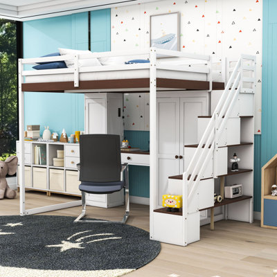 Full Wood Loft Bed With LED Light, Dressing Table, Wardrobe And Charging Ports