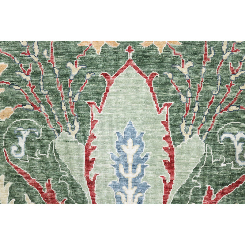 High-Quality Hand-Knotted Green And Gold Area Rug, Rectangle 9' x 12'