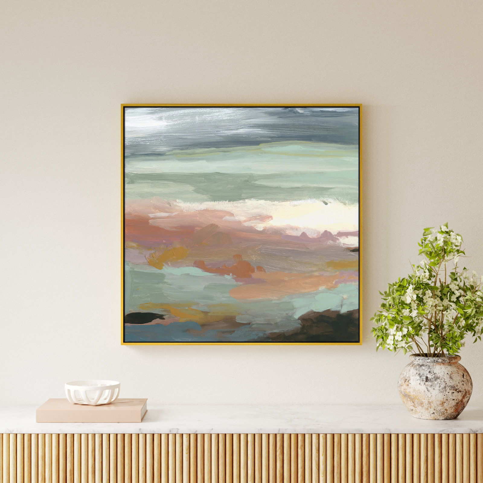 Bingham "Ocean Bluffs" Painting by Carol Robinson, Picture Framed Canvas, 37.5" H x 37.5" W, Gold